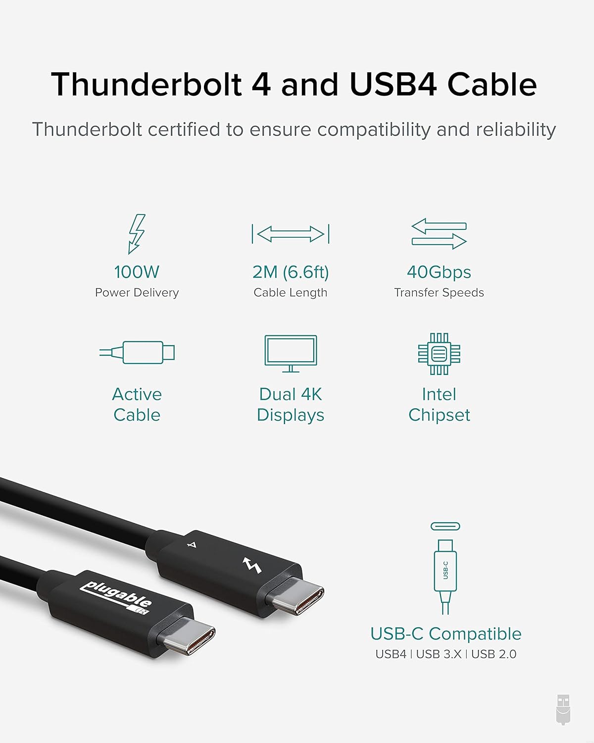 Thunderbolt 4 Cable 6.6ft USB4 Cable 100W Charging 40Gbps Pack of 2 Z923