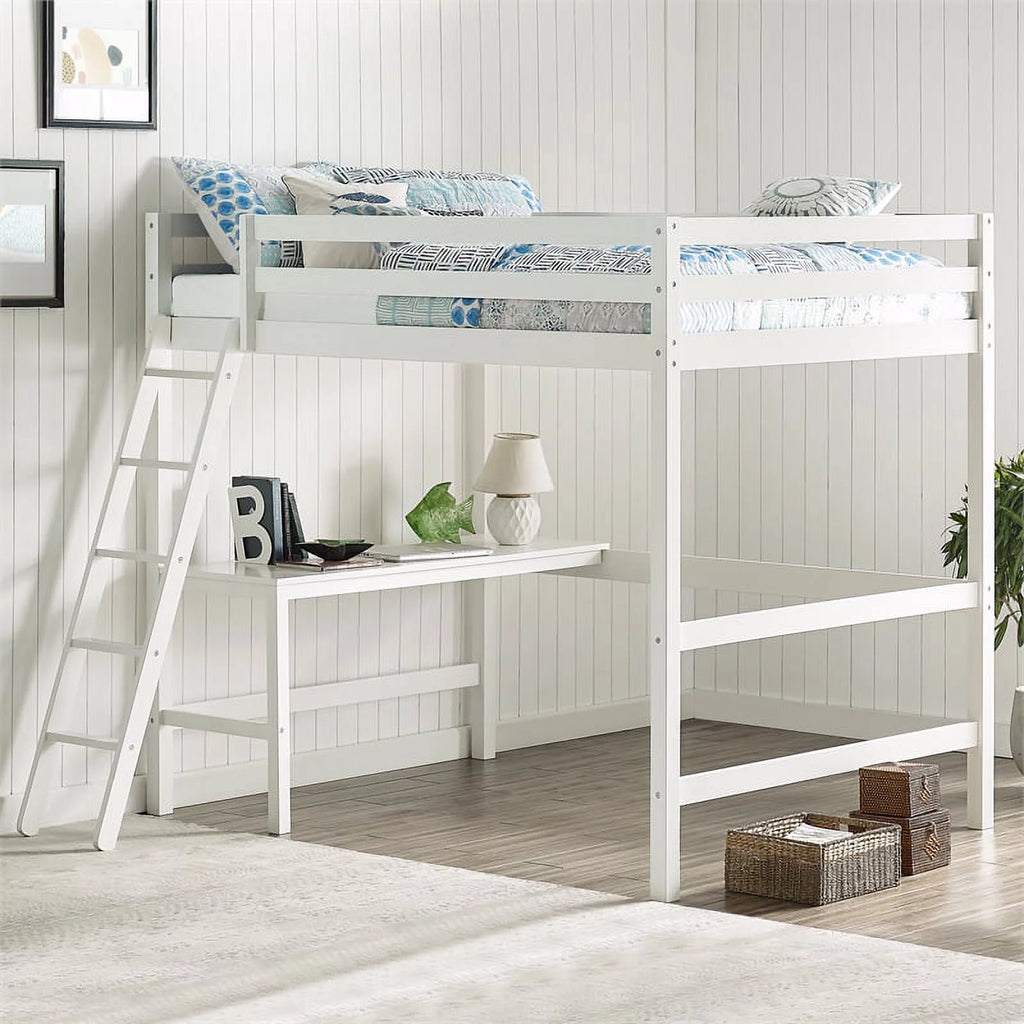 Full Wooden Loft Bed with Desk in White I197323