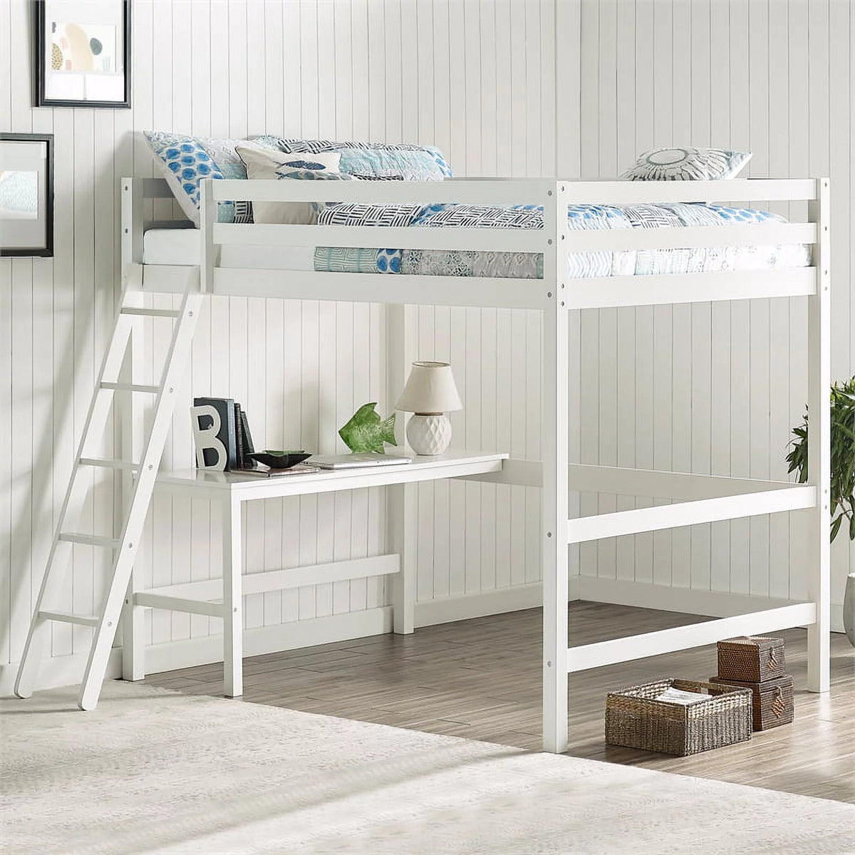 Full Wooden Loft Bed with Desk in White I197323