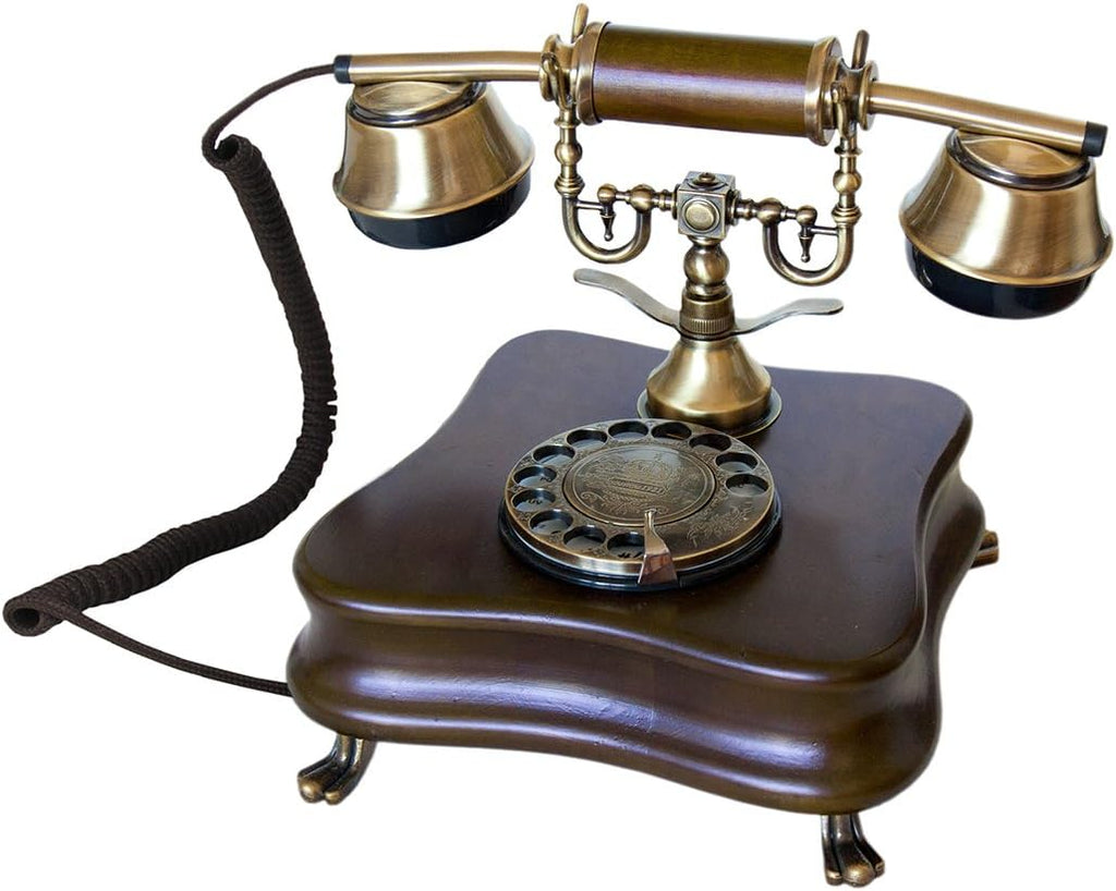 Real Wood Retro Telephone with Vintage Rotary Dial and Metal Bell V428