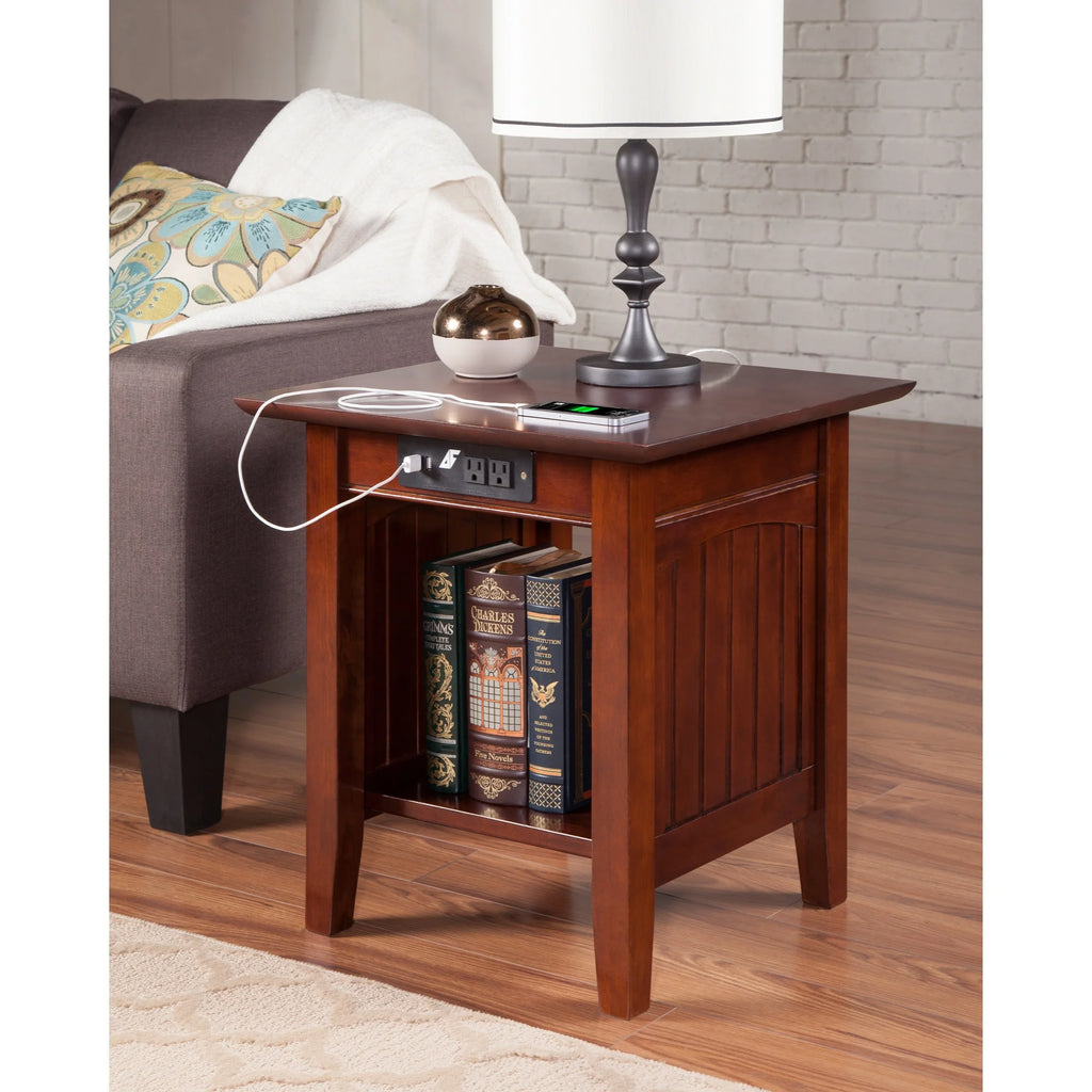 Solid Hardwood End Table with USB Charger Set of 2 Walnut T7419