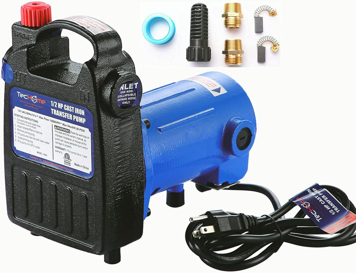 120V 1/2HP 1560GPH Cast Iron Portable Water Pump with Suction Strainer and Brass Connectors W748