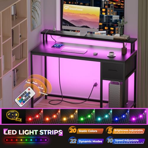 Black Gaming Desk with LED Lights and Drawer S390