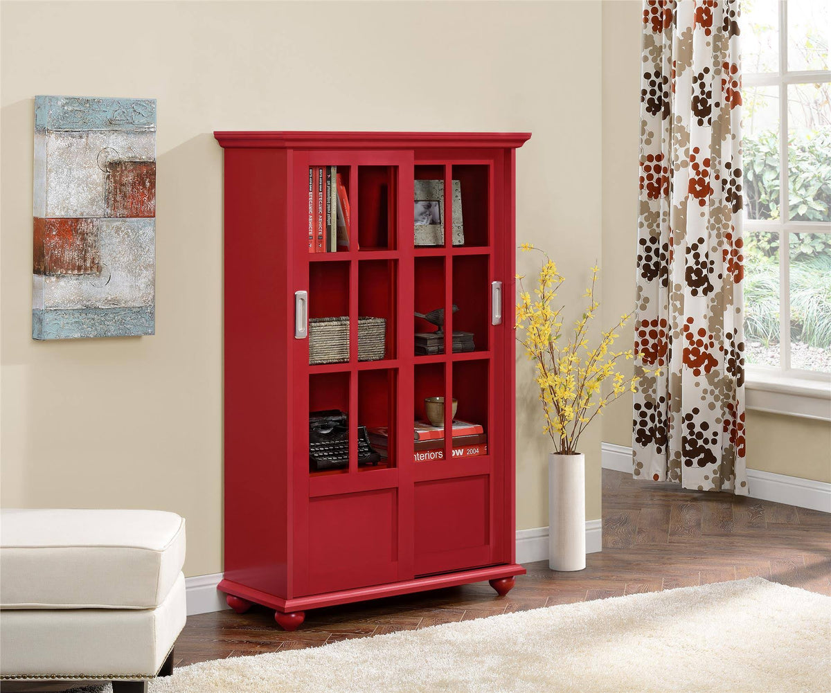 Red Bookcase with Sliding Glass Doors X308162