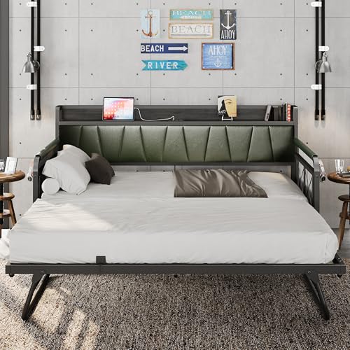 Grey Twin Daybed with Trundle Bed and Storage Headboard W3036