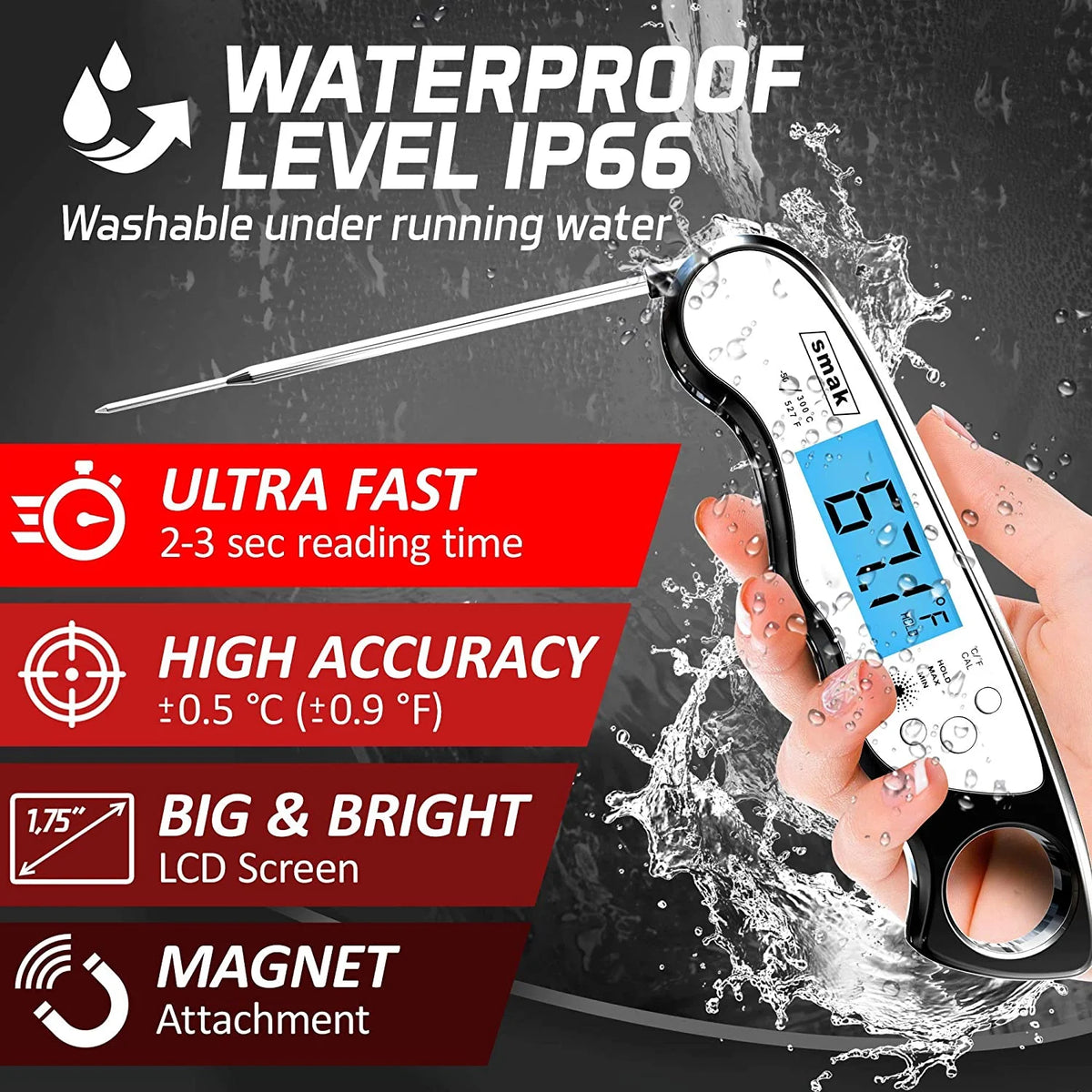 Waterproof Digital Instant Read Meat Thermometer with Backlight LCD U5482