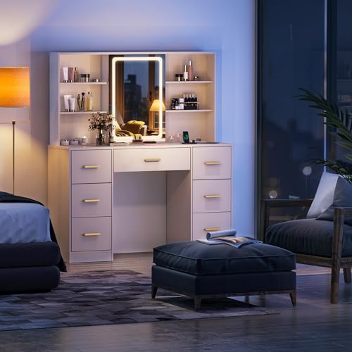 White 7 Drawer Vanity Desk with Mirror and Lights P548520