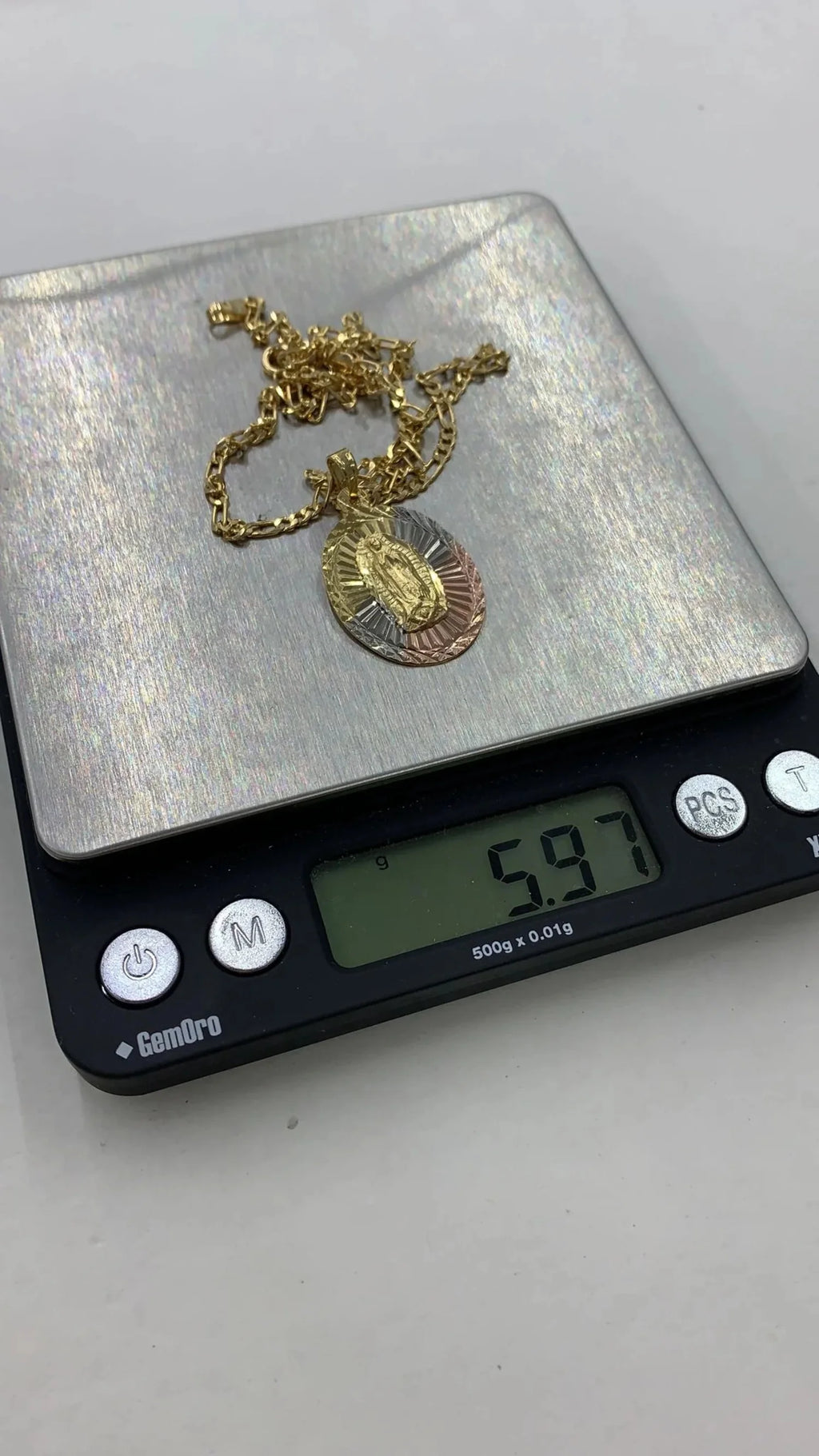 Tri Color Diamond Cut Virgen de Guadalupe Pendant Necklace Figaro Chain 20" Gold Filled Y8332