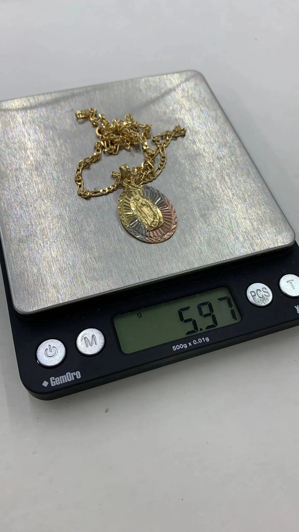 Tri Color Diamond Cut Virgen de Guadalupe Pendant Necklace Figaro Chain 20" Gold Filled Y8332