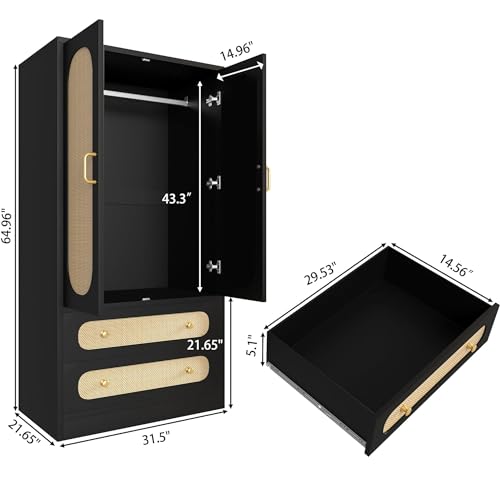2 Door Rattan Wood Wardrobe with 2 Drawers & Hanging Rail (Black) N93922