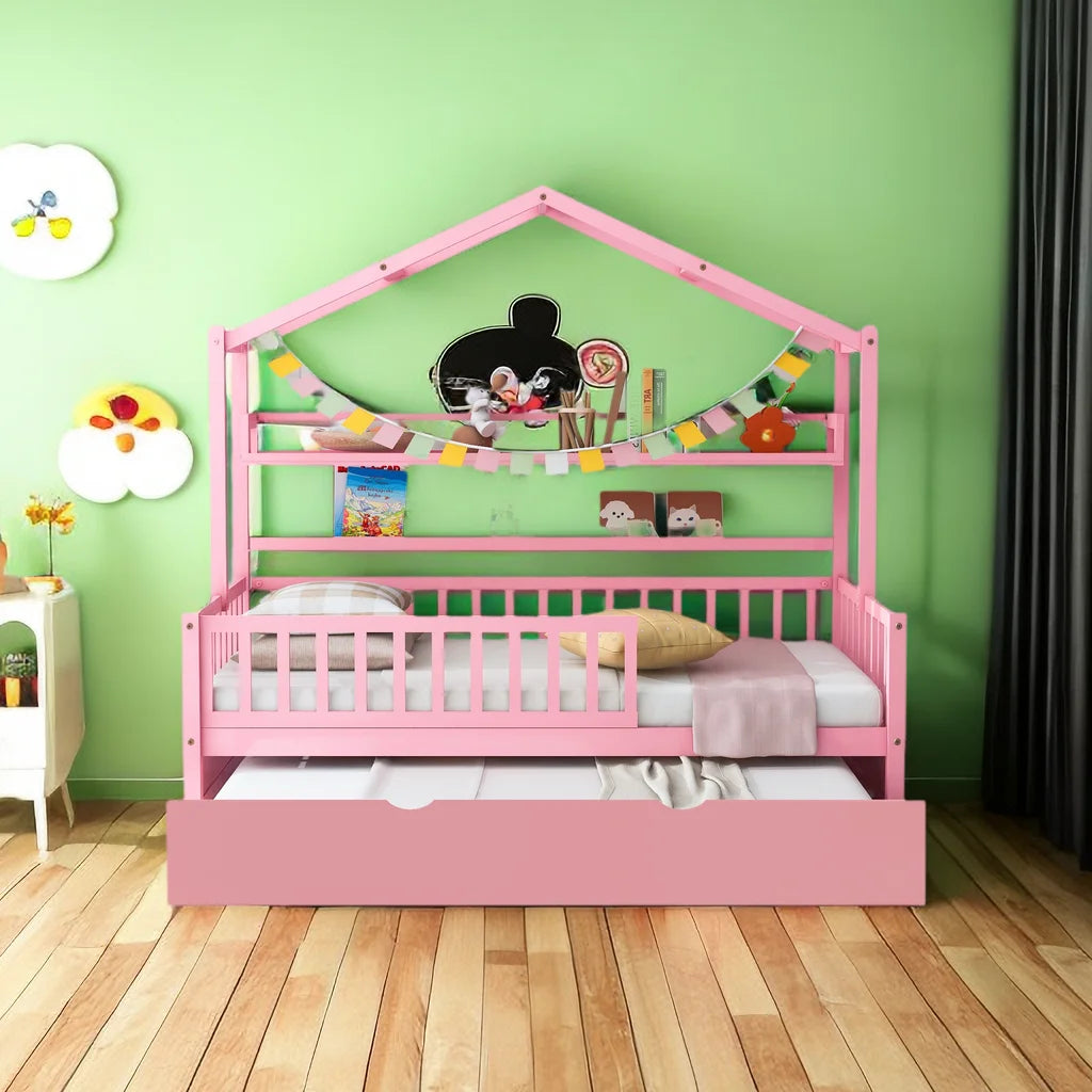Twin Size Wooden House Bed with Trundle and Storage Shelves Z43439
