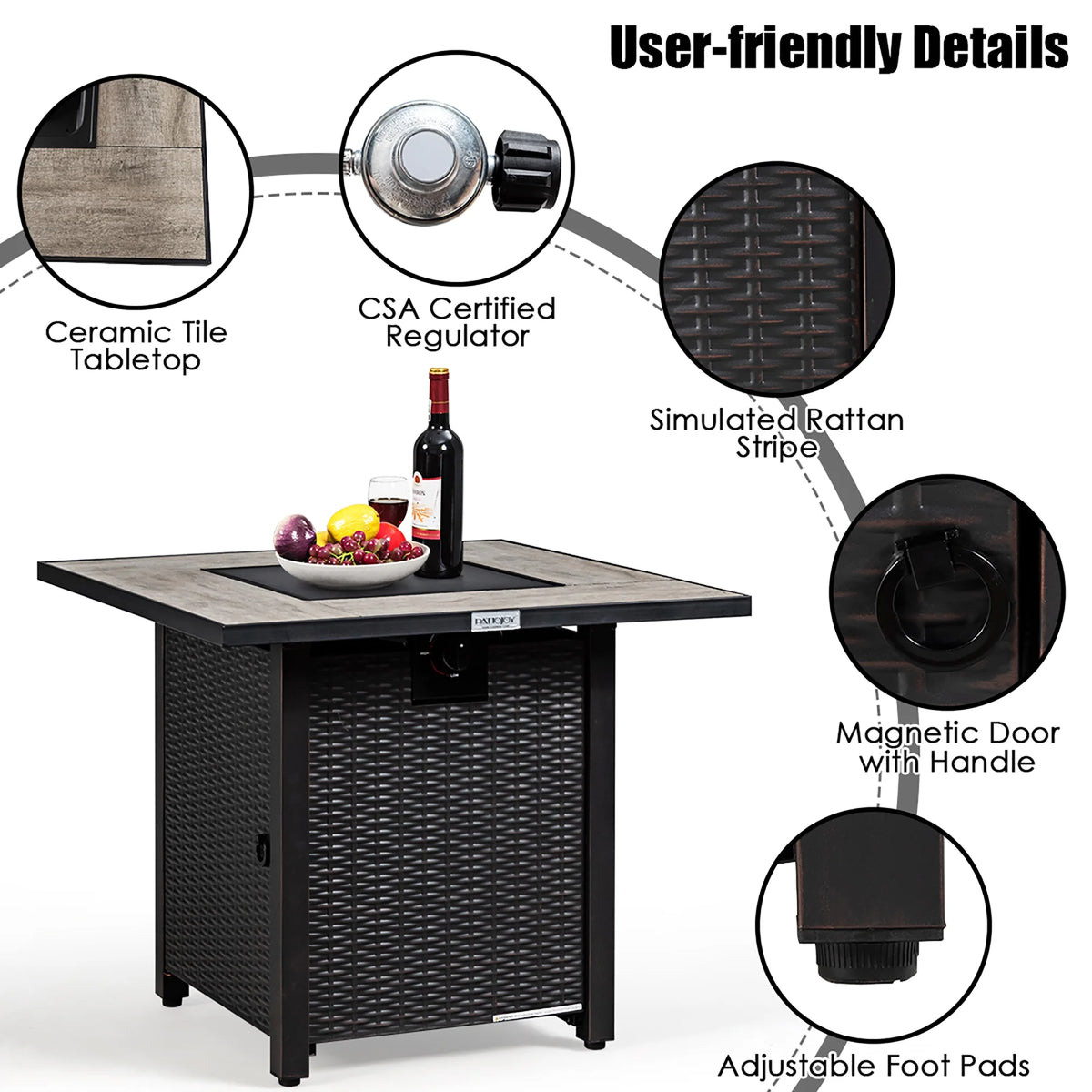 30'' Square Propane Gas Fire Pit Table 50,000 BTU with Cover Y70348