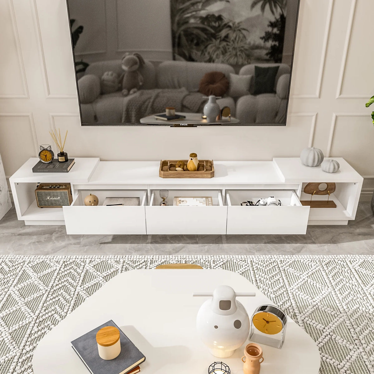 White Extendable TV Stand with Drawers I8087