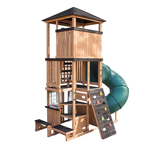 Three-Story Wooden Outdoor Playhouse with Slide A60998