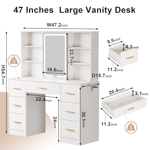 White 7 Drawer Vanity Desk with Mirror and Lights P548520