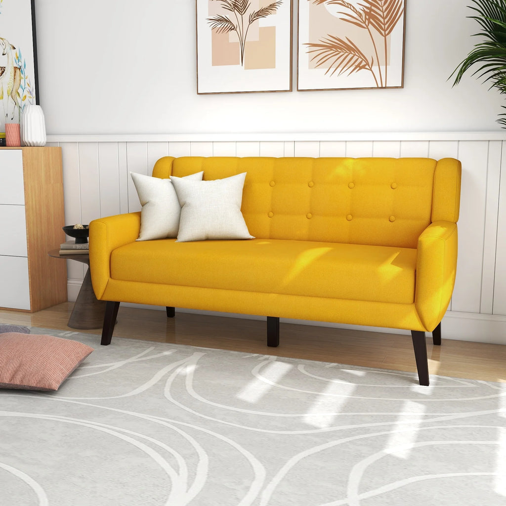 Yellow Tufted Linen Cotton Loveseat with 2 Accent Chairs Q59060