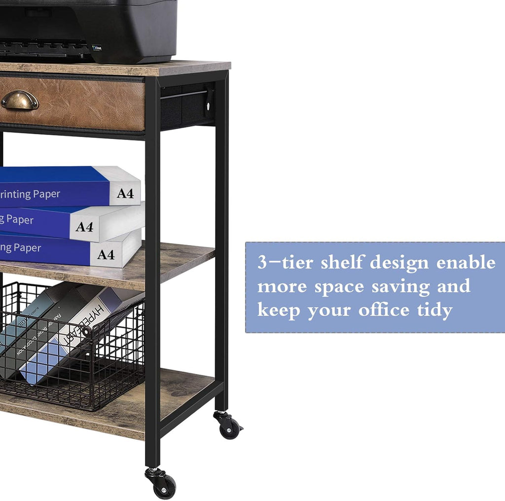 3 Tier Printer Stand with Storage Drawer and Wheel J2268