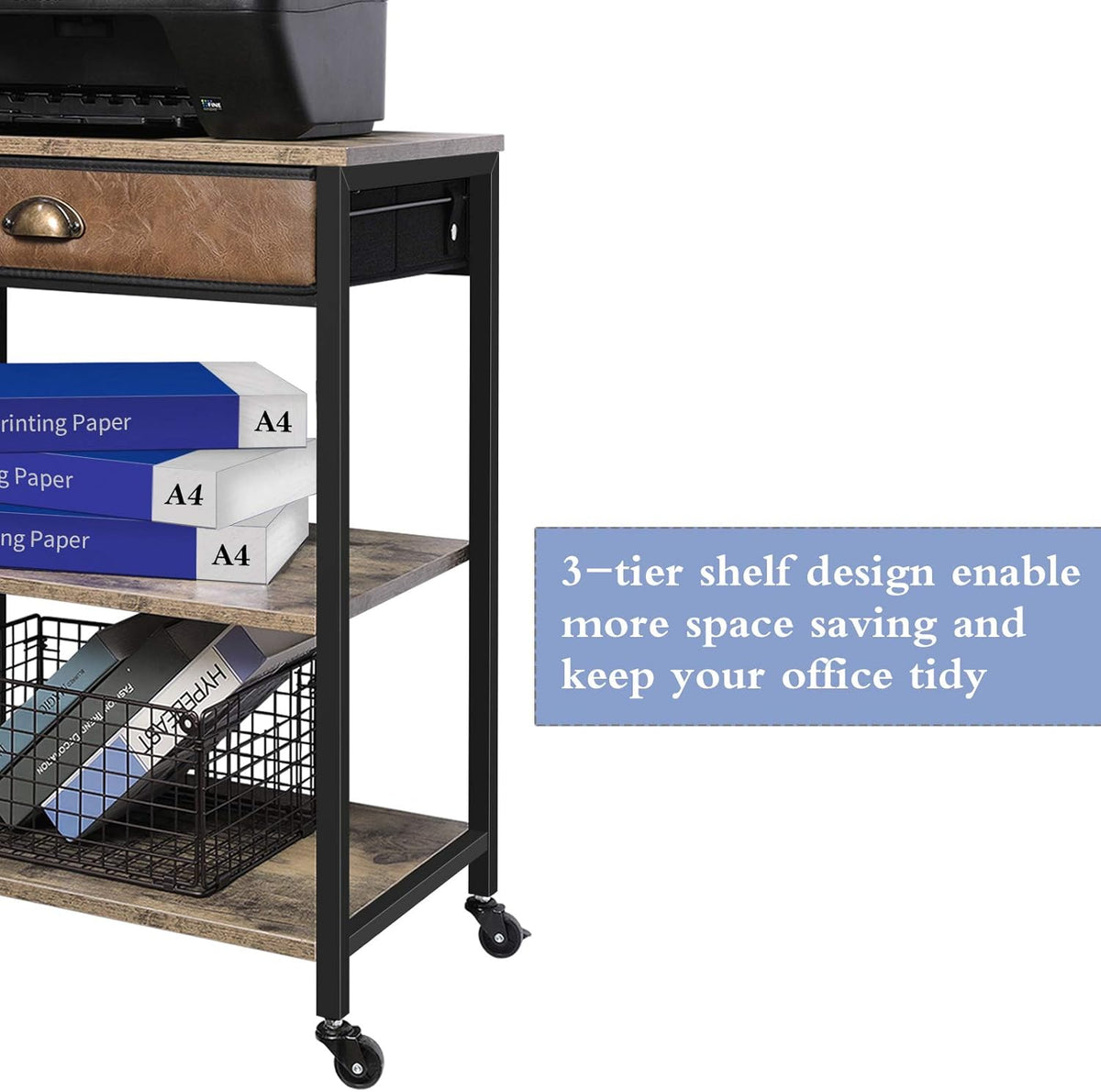 3 Tier Printer Stand with Storage Drawer and Wheel J2268