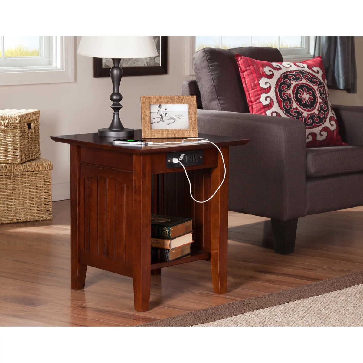 Solid Hardwood End Table with USB Charger Set of 2 Walnut T7419