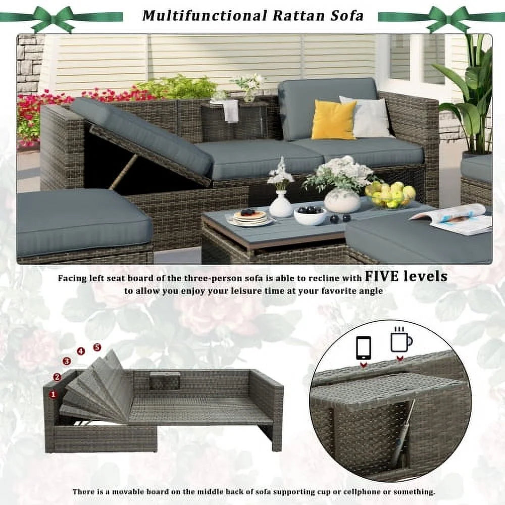 5-Piece Patio Wicker Sofa with Ottomans and Lift Top Coffee Table, Gray Z8739