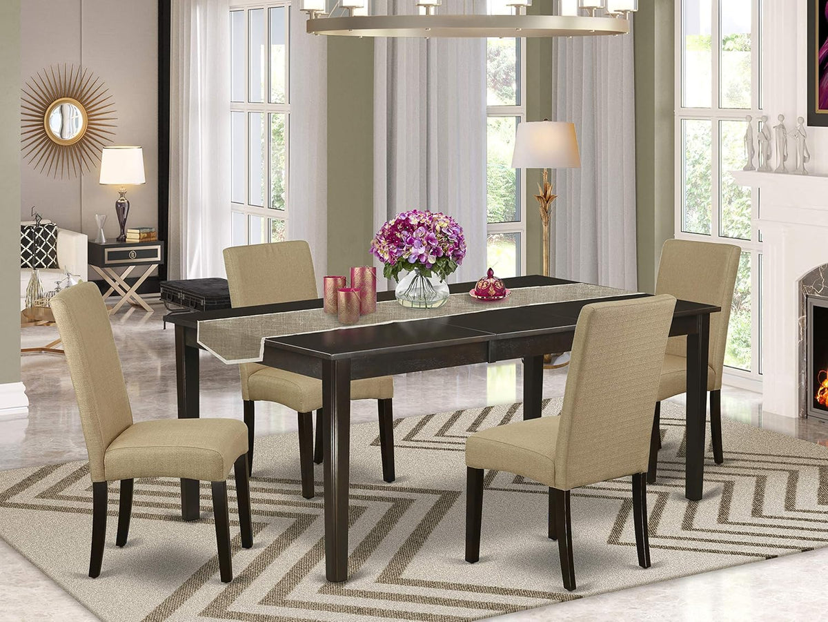 9 Pc Dining Table with Self Storing Butterfly Leaf and 8 Parson Chair with Cappuccino Finish Leg and Linen Fabric L2321