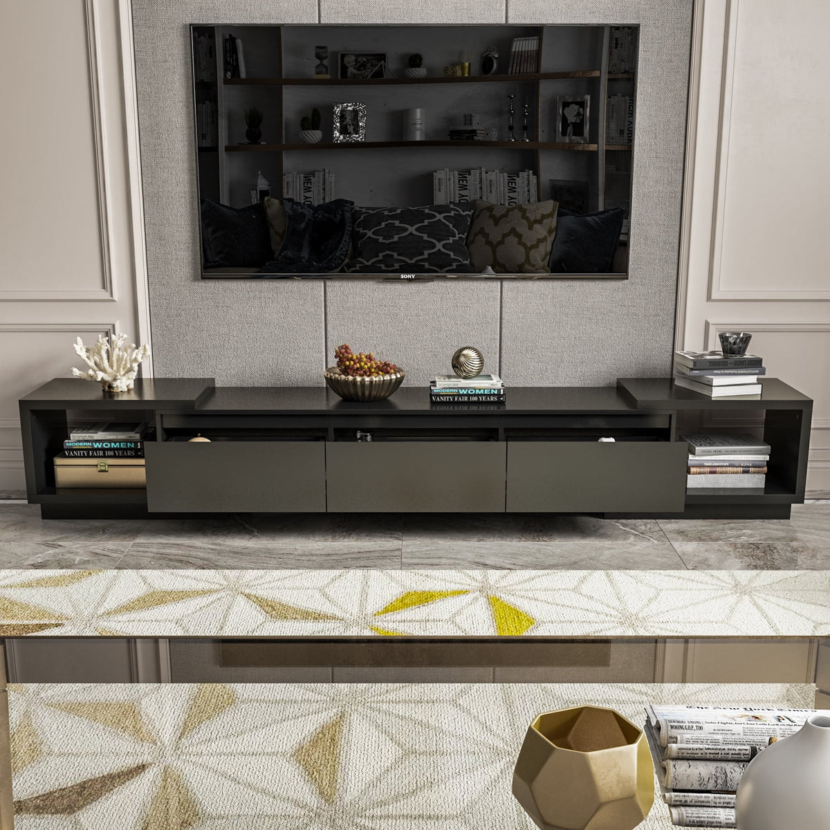 White Extendable TV Stand with Drawers I8087