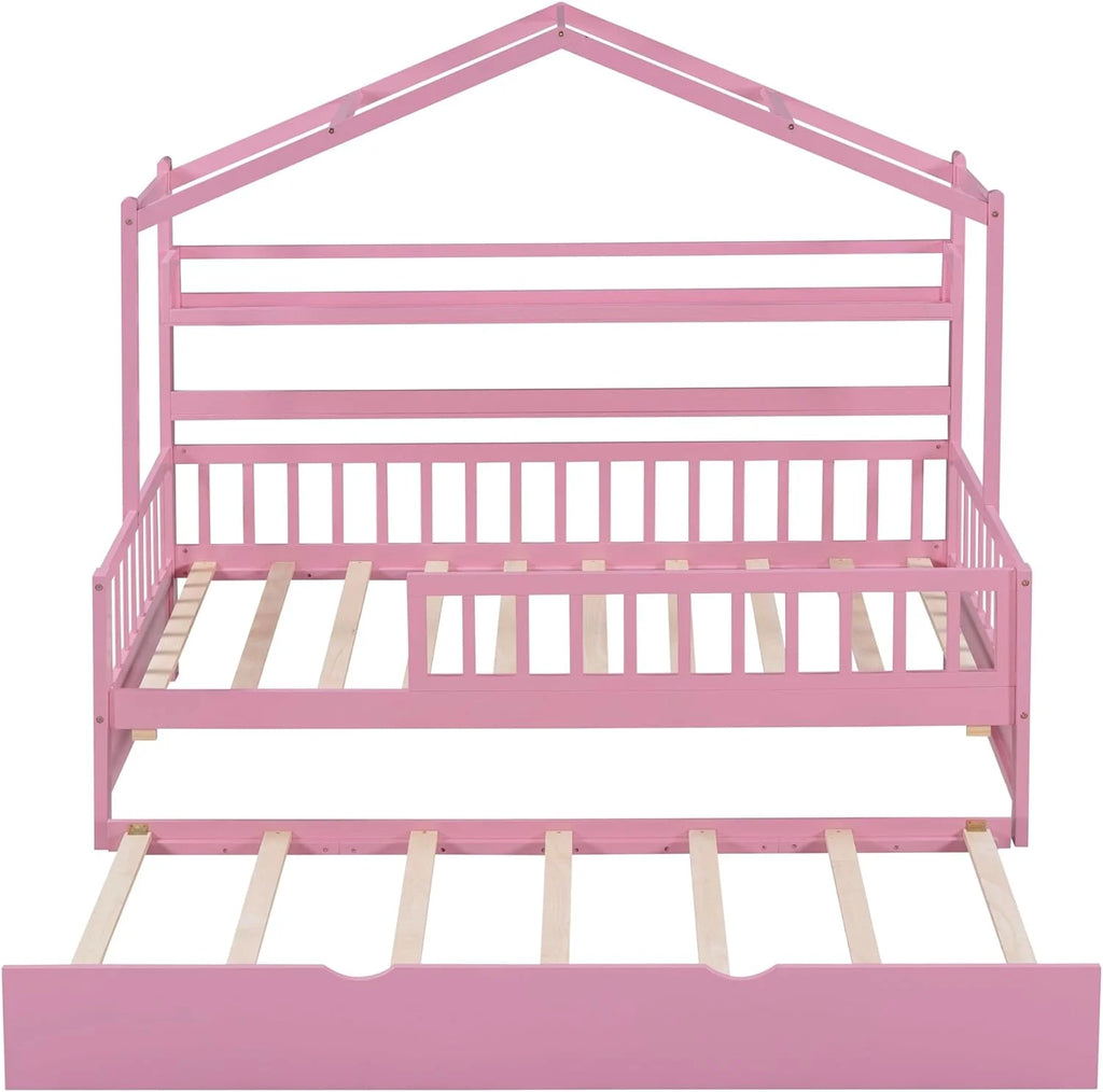 Twin Size Wooden House Bed with Trundle and Storage Shelves Z43439