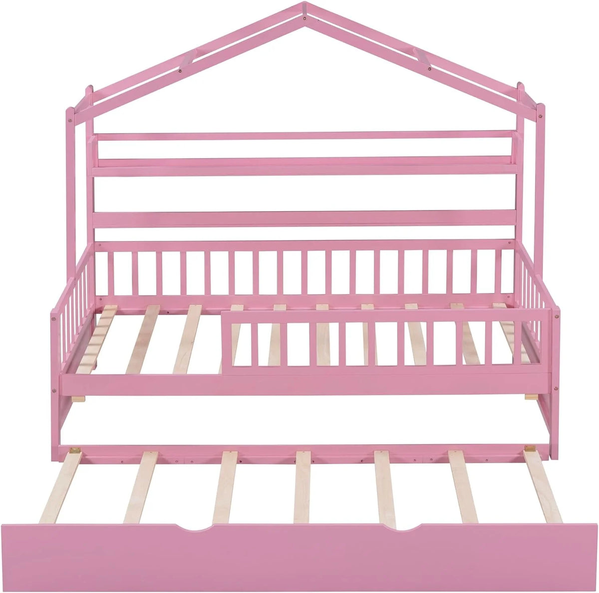 Twin Size Wooden House Bed with Trundle and Storage Shelves Z43439