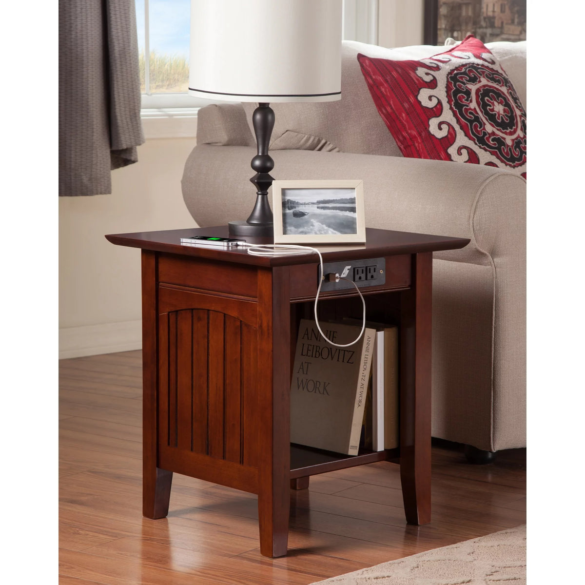 Solid Hardwood End Table with USB Charger Set of 2 Walnut T7419