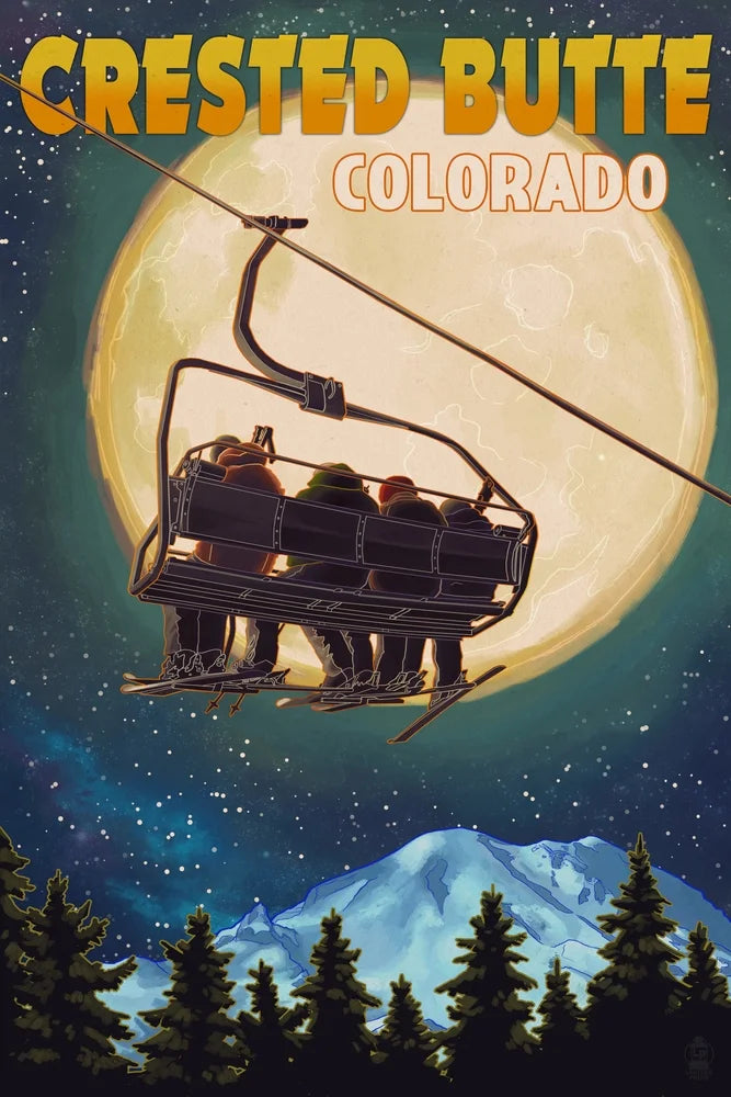 Ski Lift and Full Moon Giclee Gallery Print S40013