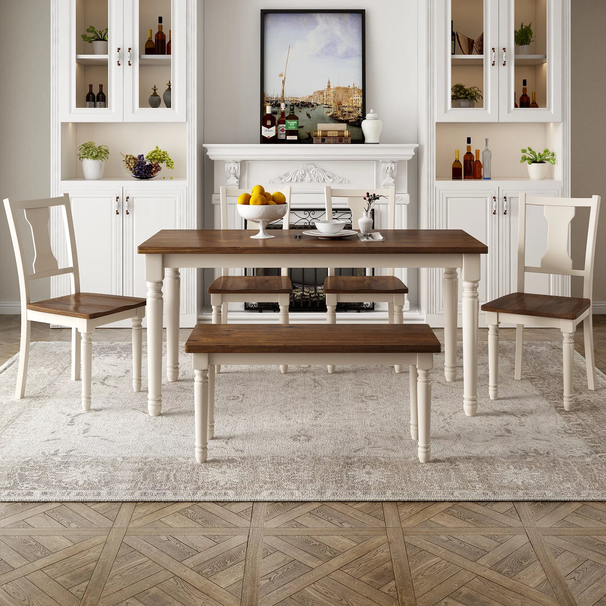 6-Piece Wooden Dining Table and 4 Chairs with Bench Y991237
