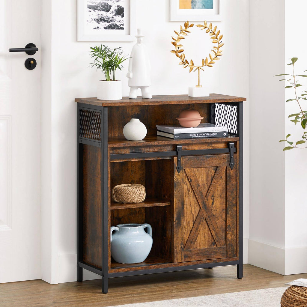 Rustic Brown Black Storage Sideboard with Barn Door E136933
