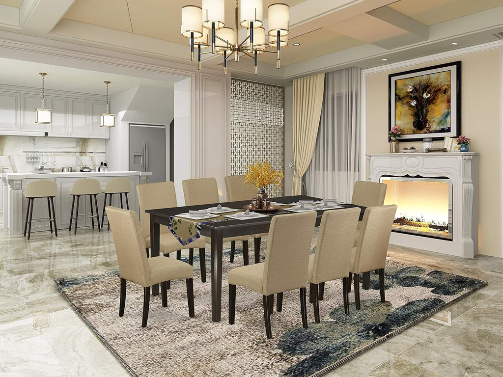 9 Pc Dining Table with Self Storing Butterfly Leaf and 8 Parson Chair with Cappuccino Finish Leg and Linen Fabric L2321