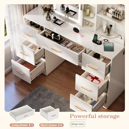 White 7 Drawer Vanity Desk with Mirror and Lights P548520