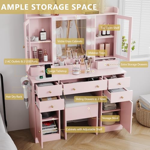 White Vanity Desk with Mirror and Lights and Storage Drawers B83910
