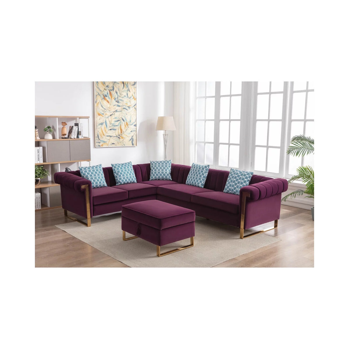 Velvet 6-Seater Sectional Sofa with Storage Ottoman L93946