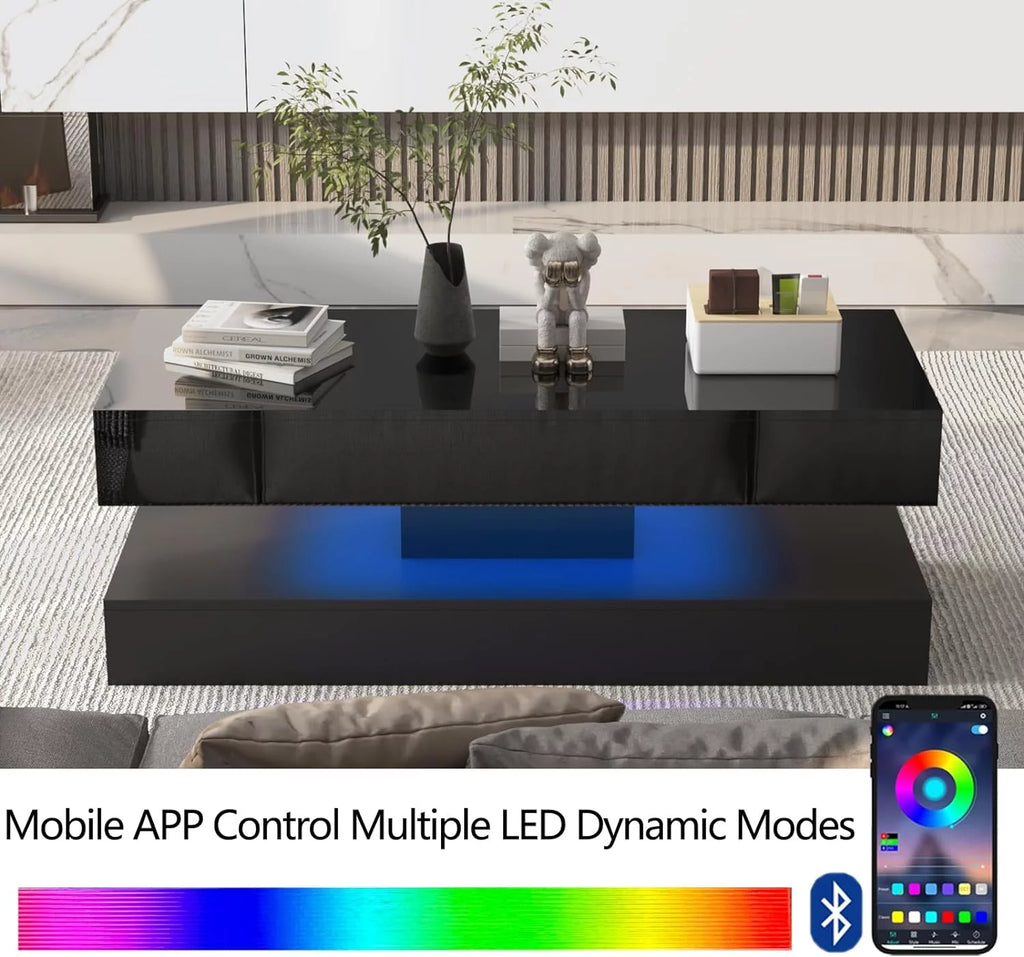 LED Coffee Table with 2 Storage Drawers, High Gloss Black I47037