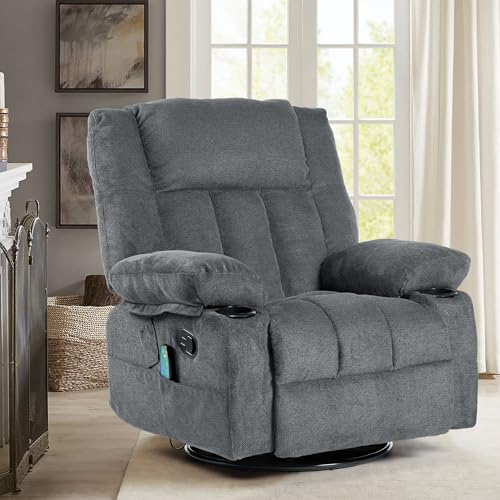 Recliner Chair Massage Fabric Recliners with Heated, 360 Degree Swivel Single Sofa with Cup Holders and Side Pockets Rocking Chair X93338
