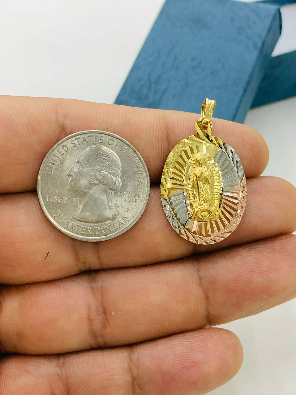 Tri Color Diamond Cut Virgen de Guadalupe Pendant Necklace Figaro Chain 20" Gold Filled Y8332