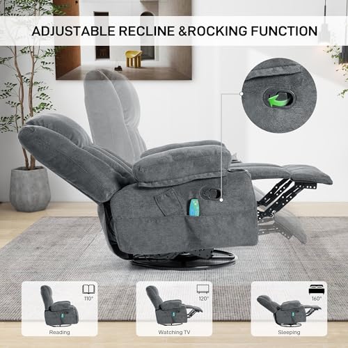 Recliner Chair Massage Fabric Recliners with Heated, 360 Degree Swivel Single Sofa with Cup Holders and Side Pockets Rocking Chair X93338
