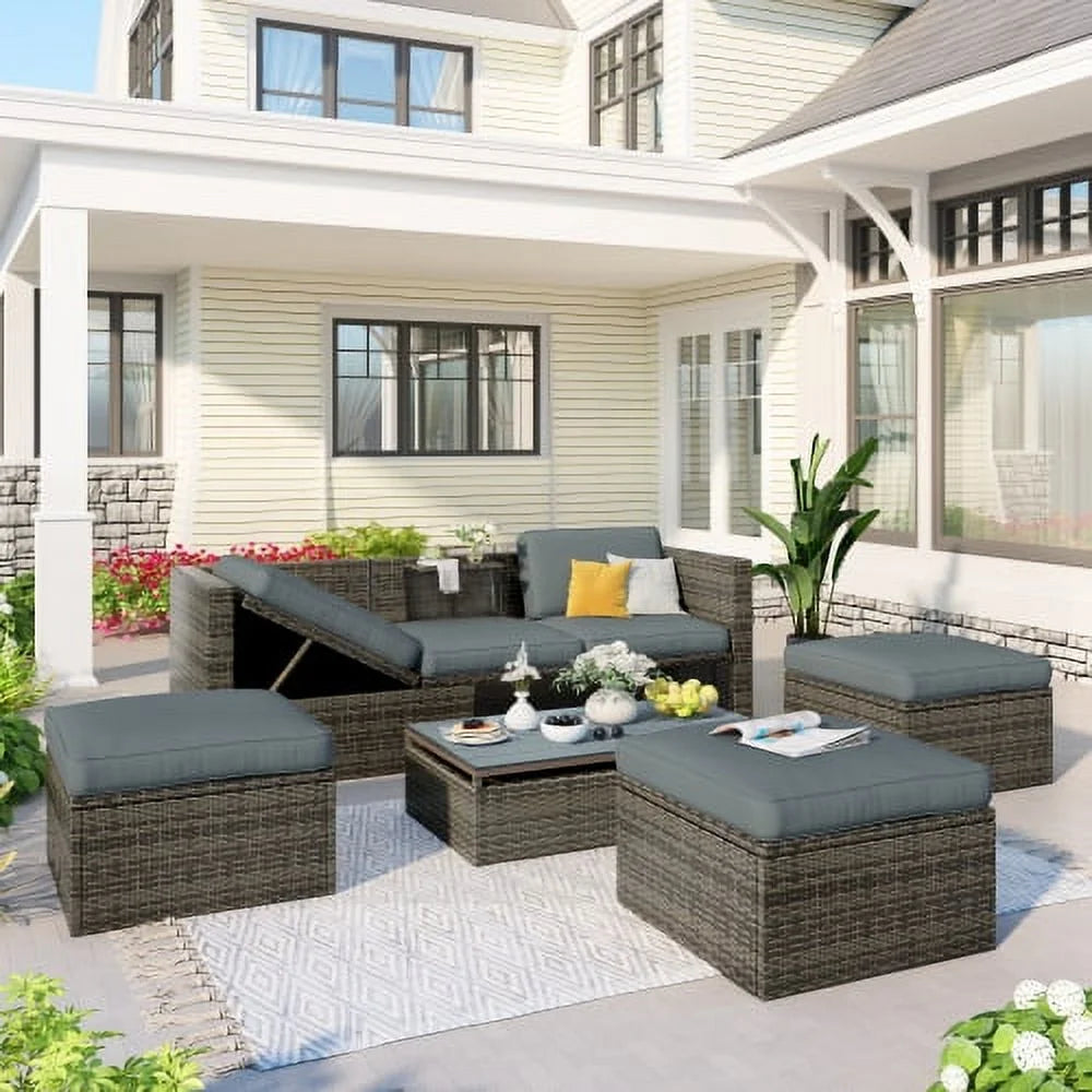 5-Piece Patio Wicker Sofa with Ottomans and Lift Top Coffee Table, Gray Z8739