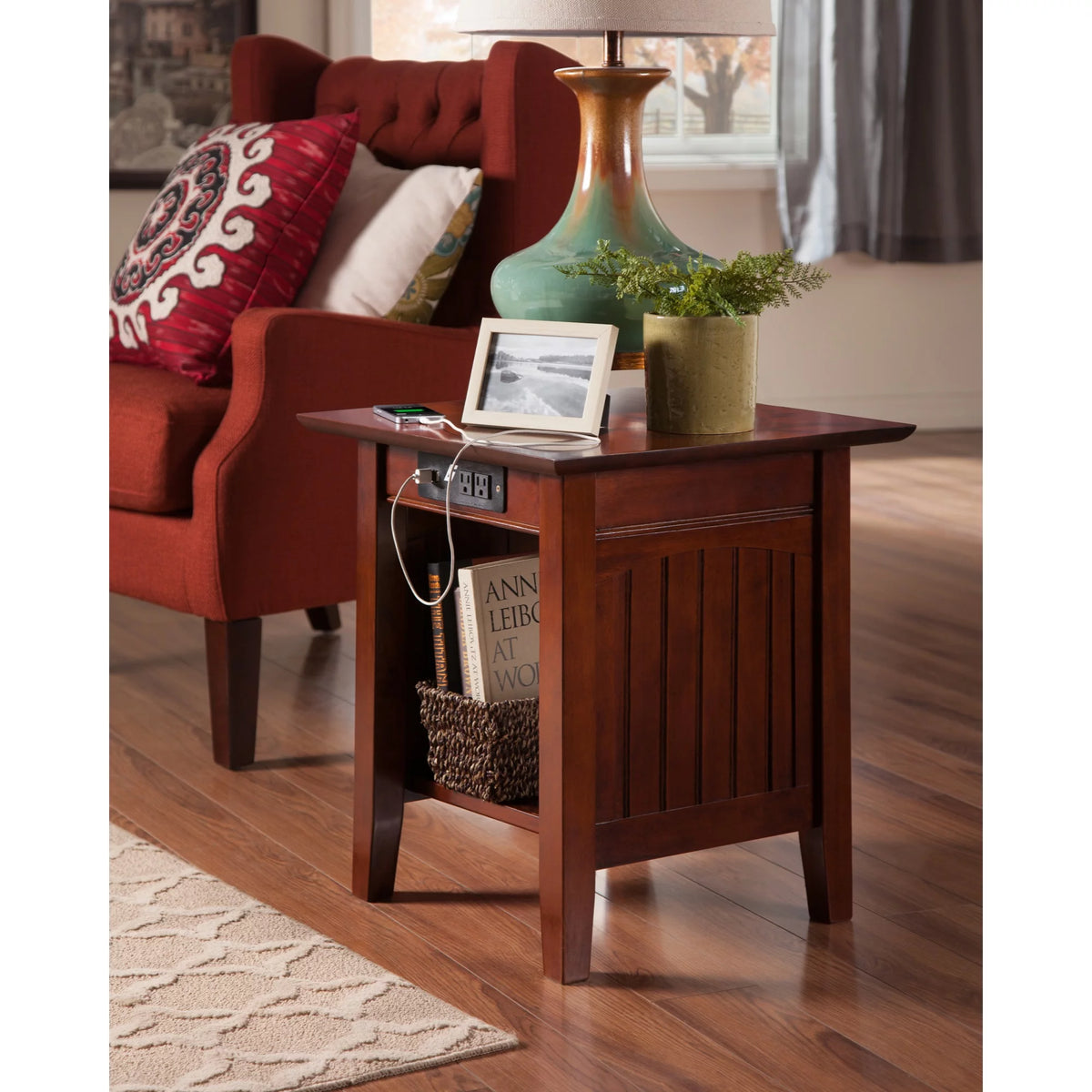 Solid Hardwood End Table with USB Charger Set of 2 Walnut T7419