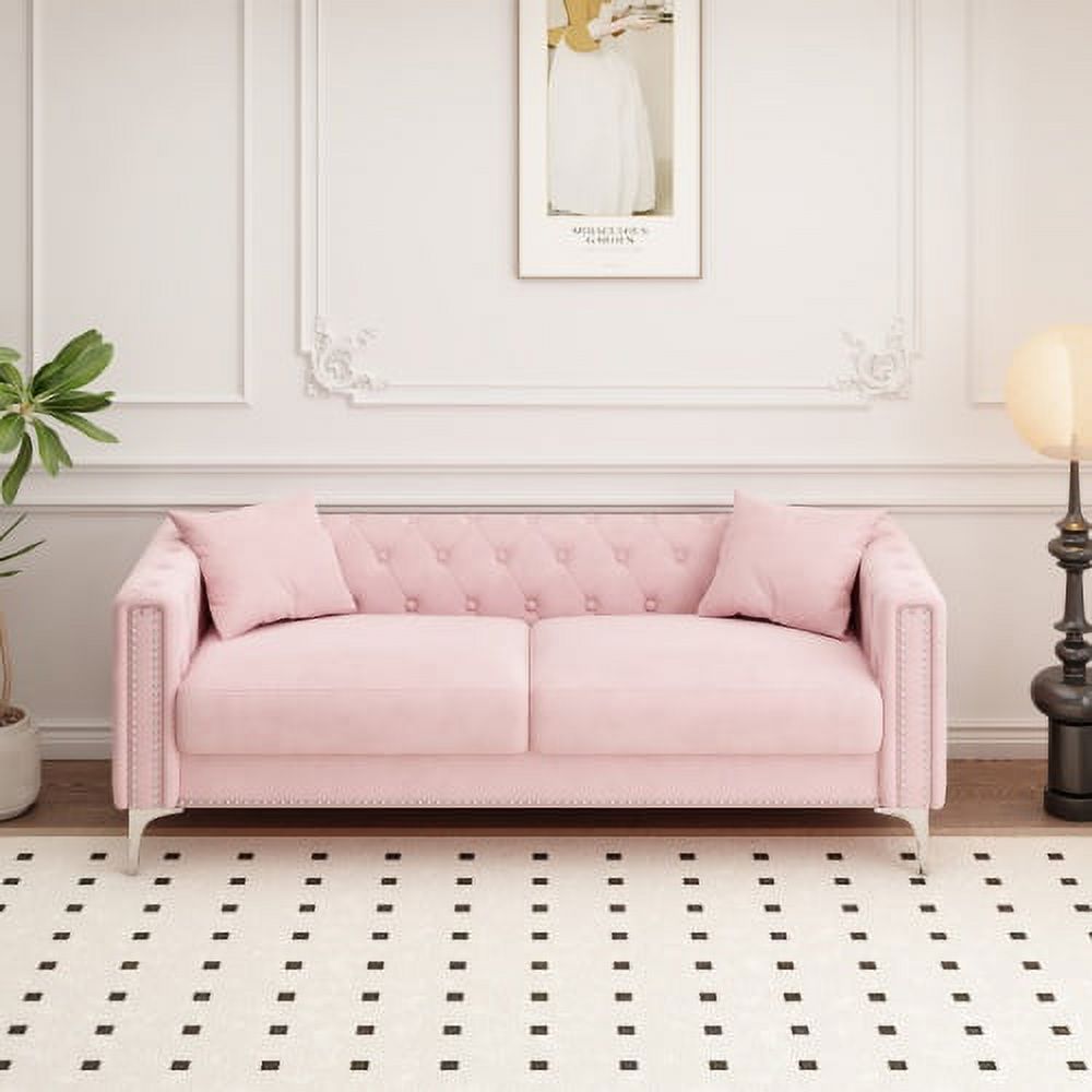Pink Velvet Triple Sofa with 2 Pillows P469487