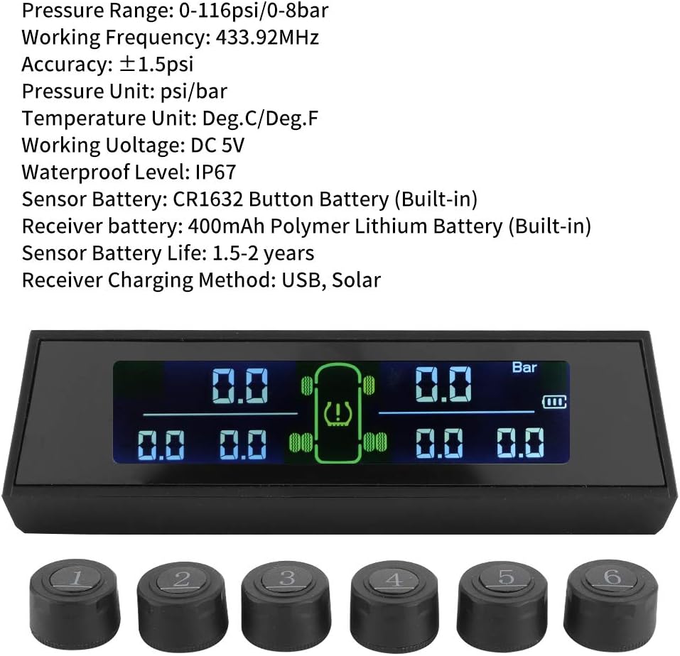 Solar Powered TPMS Tire Pressure Monitor System with LCD 6 External Sensor Pack of 2 X918843