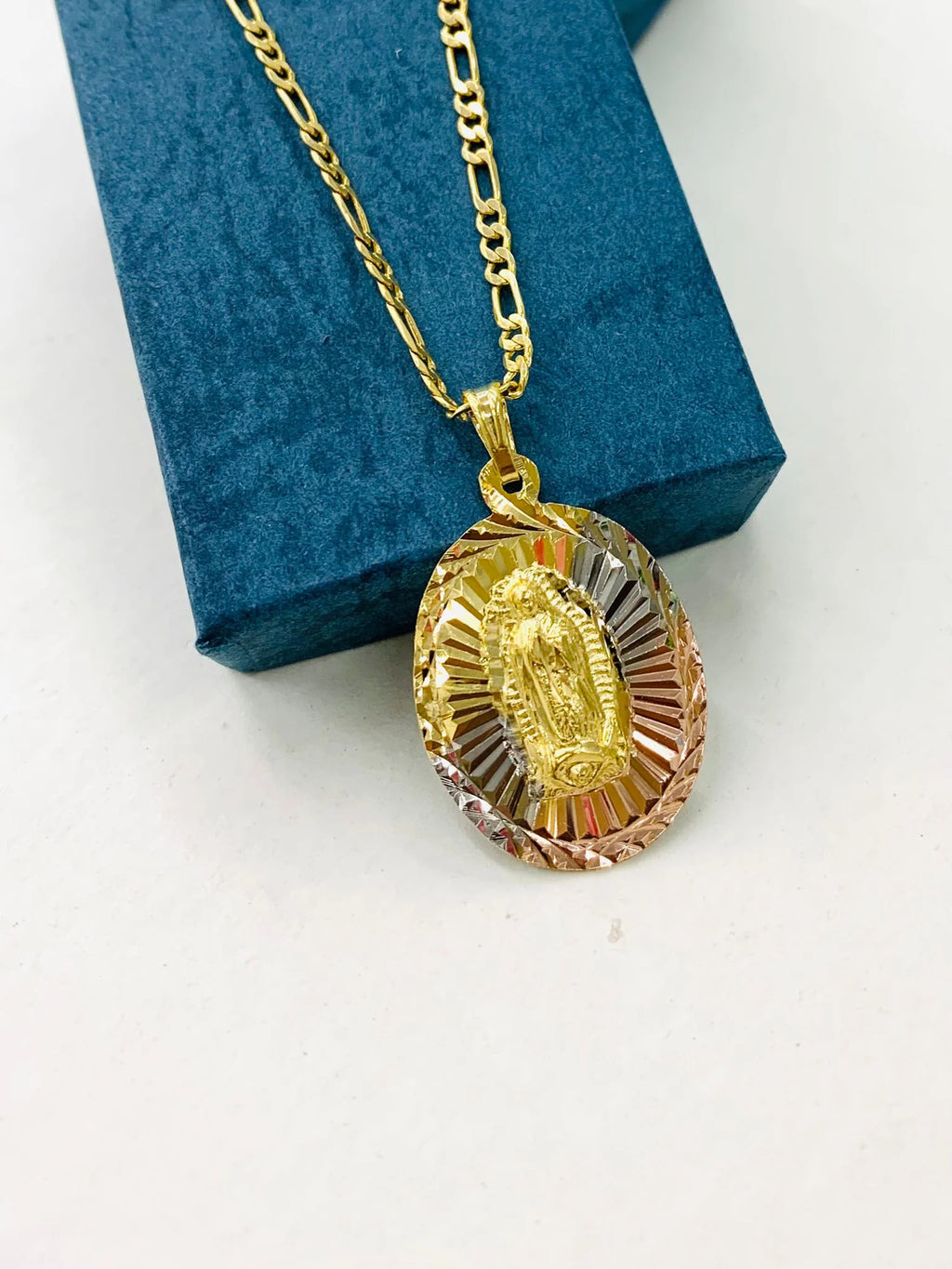 Tri Color Diamond Cut Virgen de Guadalupe Pendant Necklace Figaro Chain 20" Gold Filled Y8332