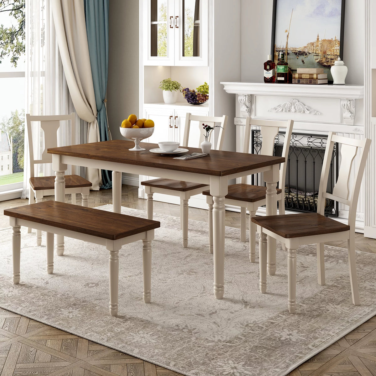 6-Piece Wooden Dining Table and 4 Chairs with Bench Y991237