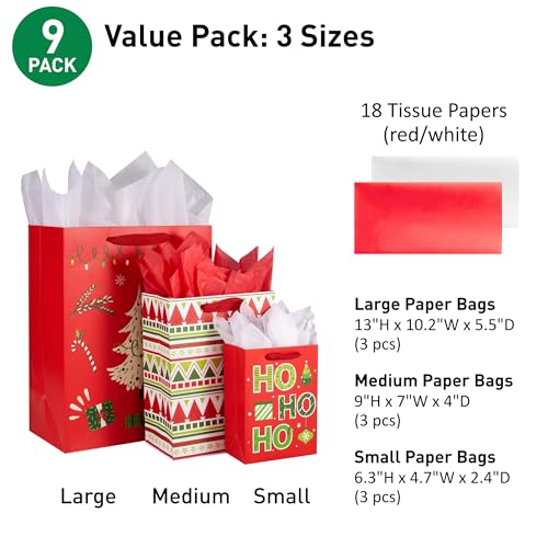 Assorted Sizes Christmas Gift Bags with Tissue Paper, 9 Pack V470