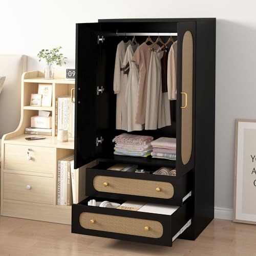 2 Door Rattan Wood Wardrobe with 2 Drawers & Hanging Rail (Black) N93922