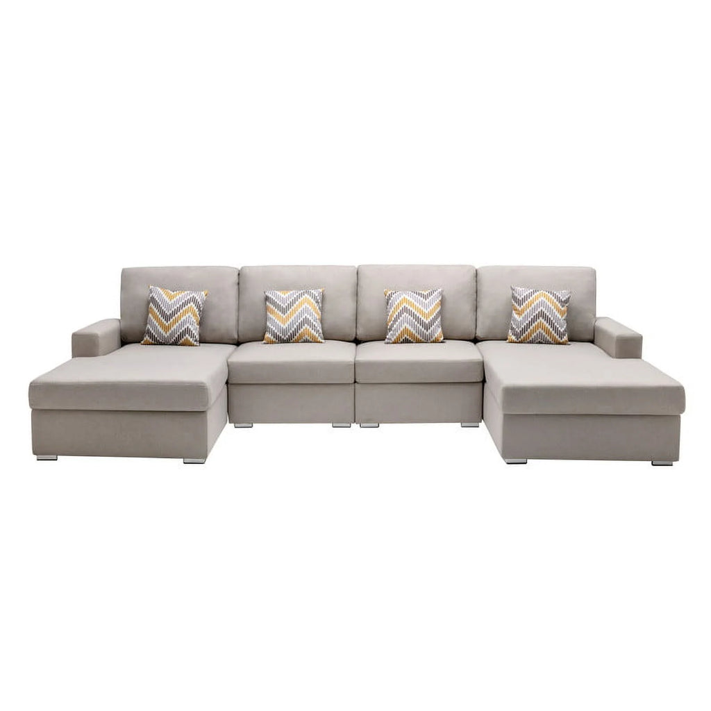 Beige Linen Fabric 4Pc Double Chaise Sectional Sofa Y351268