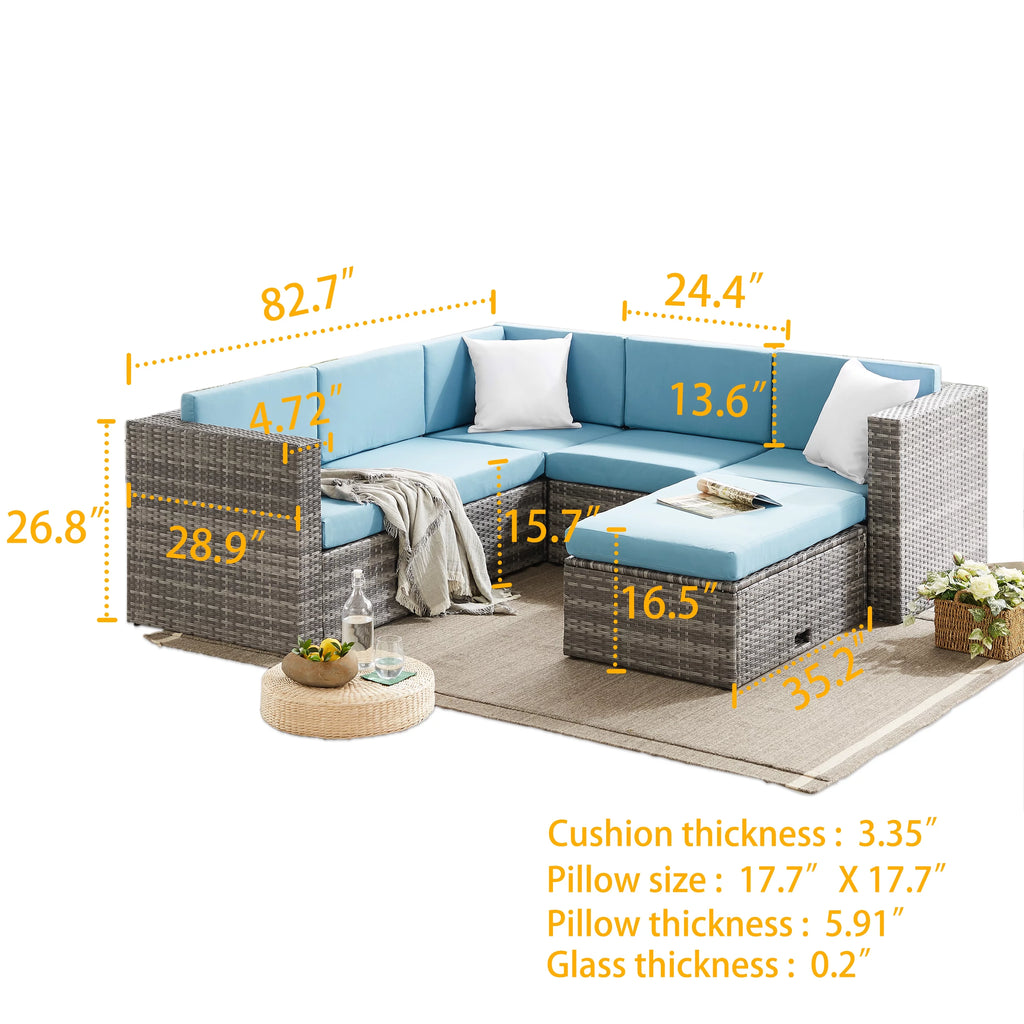 5 Pieces Rattan Wicker Outdoor Sectional Set with Glass Table W214334